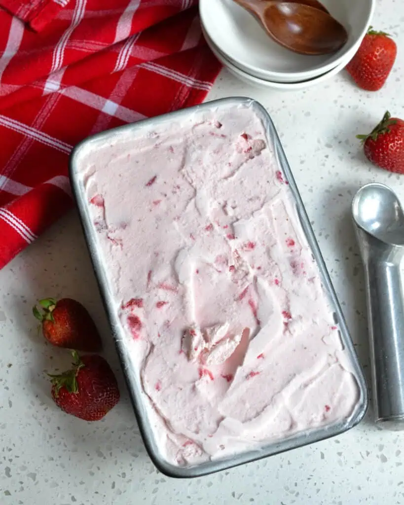 This delectable Strawberry Ice Cream is made with five easy ingredients. 