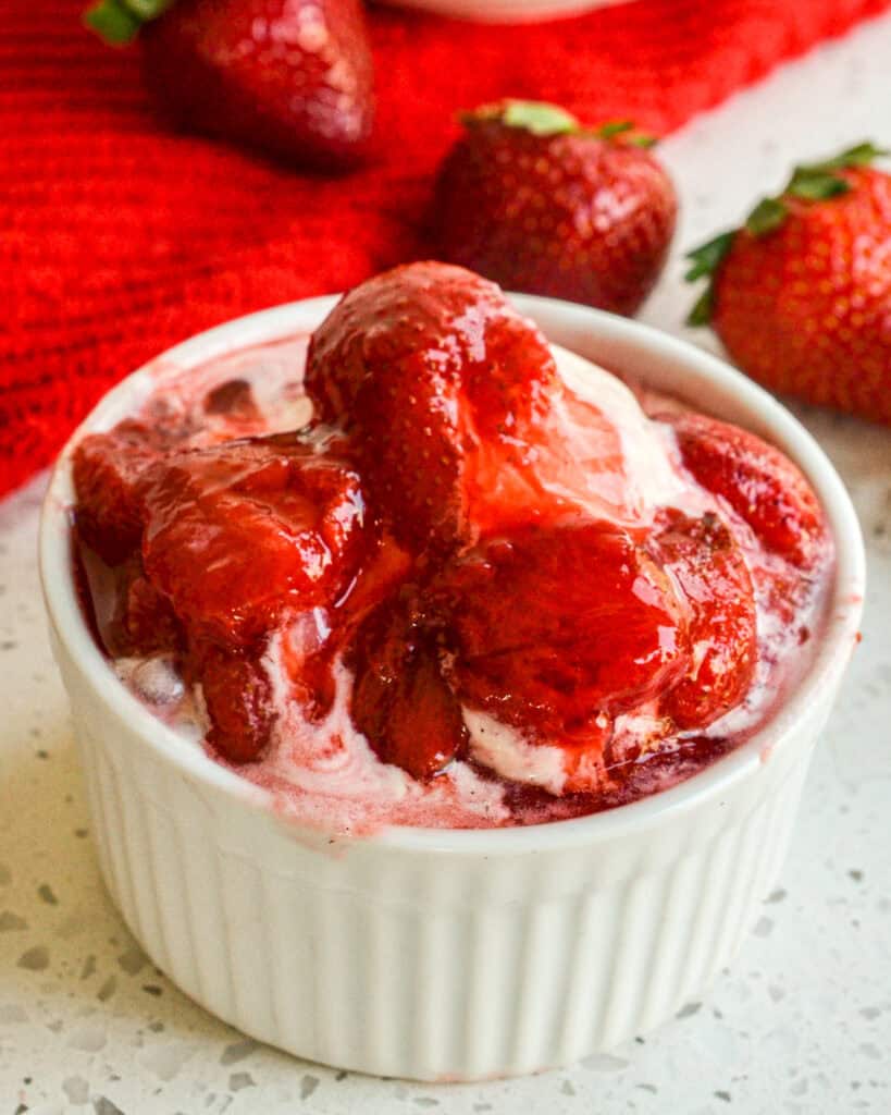 This strawberry topping is delicious over vanilla ice cream, Belgian waffles, buttermilk pancakes, angel food cake, biscuits, toasted English Muffins, strawberry shortcake, and cheesecake.