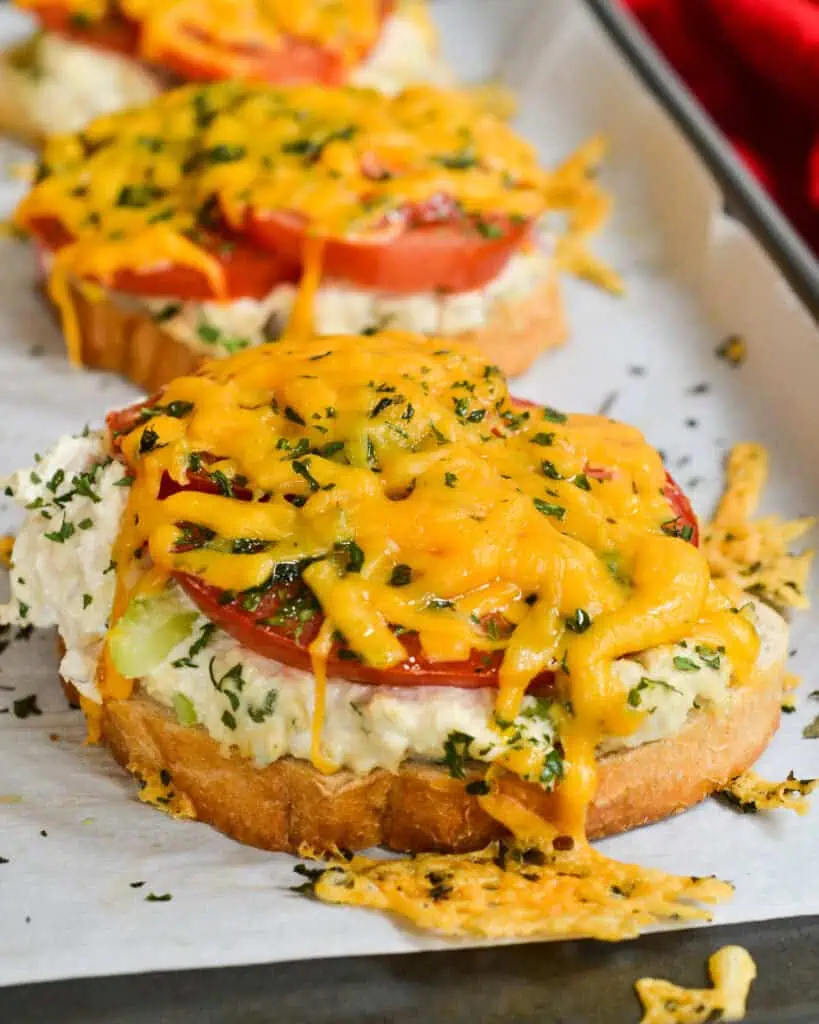 These open faced Tuna Melt sandwiches are a tasty combination of tuna salad, tomato and cheddar cheese toasted to perfection.