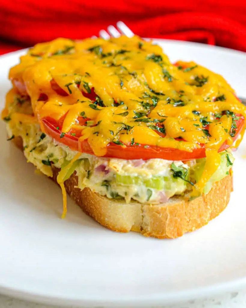 This Tuna Melt is an open-faced sandwich piled with creamy tuna salad, fresh sun-ripened tomatoes, and tasty cheddar cheese.