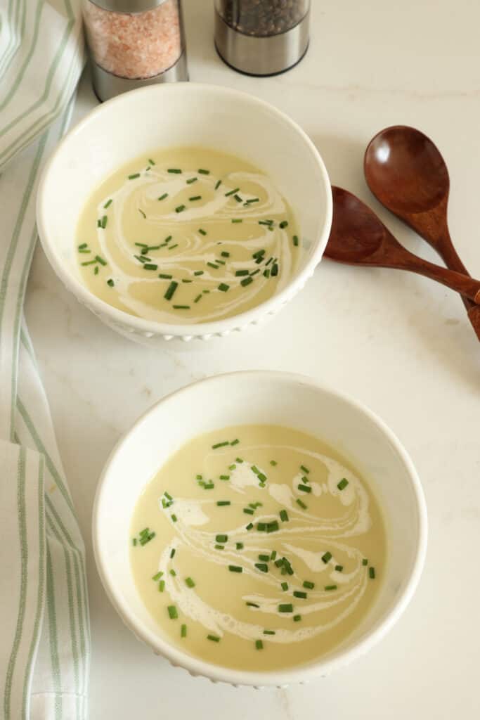 Try this classic vichyssoise recipe with potatoes, leeks, and cream. It's a flavorful and velvety soup that can be served hot or cold. Serve it chilled for hot summer nights or warmed for cool fall evenings.