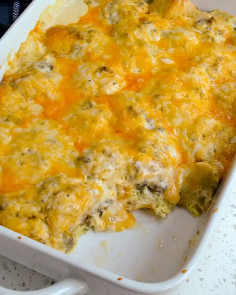 A 9x13 inch casserole dish full of biscuits and gravy casserole. 