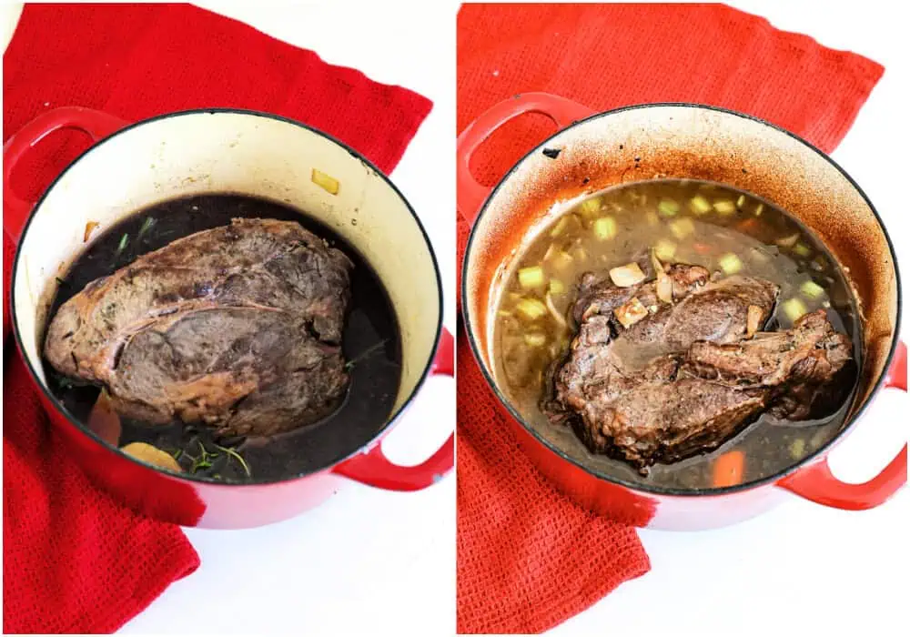 A pot of browned chuck roast and herbs. The same pot with cooked vegetables added. 