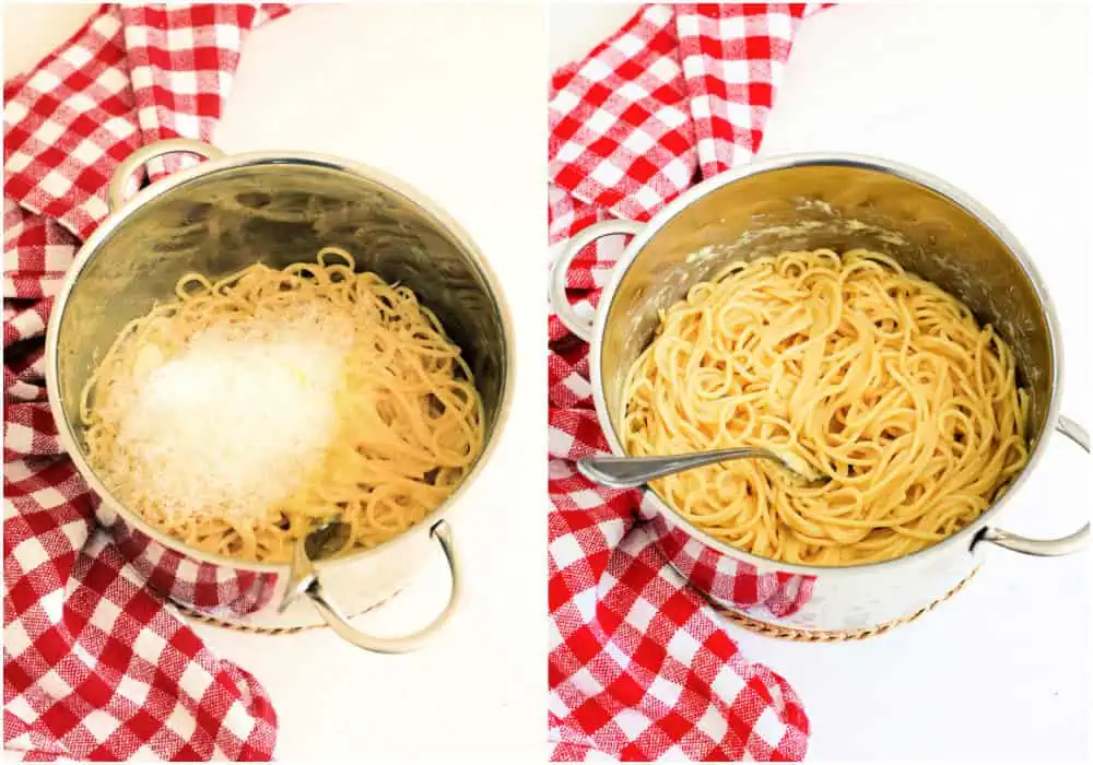 Cook the pasta al dente according to package directions and drain well. Add the butter and let it melt in warm pasta. Add the eggs and Parmesan cheese and mix to coat. 