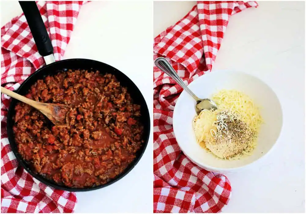 Meanwhile, cook the Italian sausage in a large skillet over medium heat. Drain any excess grease, add the marinara, and simmer. In a medium bowl, stir the ricotta cheese, 1 cup of mozzarella cheese, Italian seasoning, and garlic powder. 