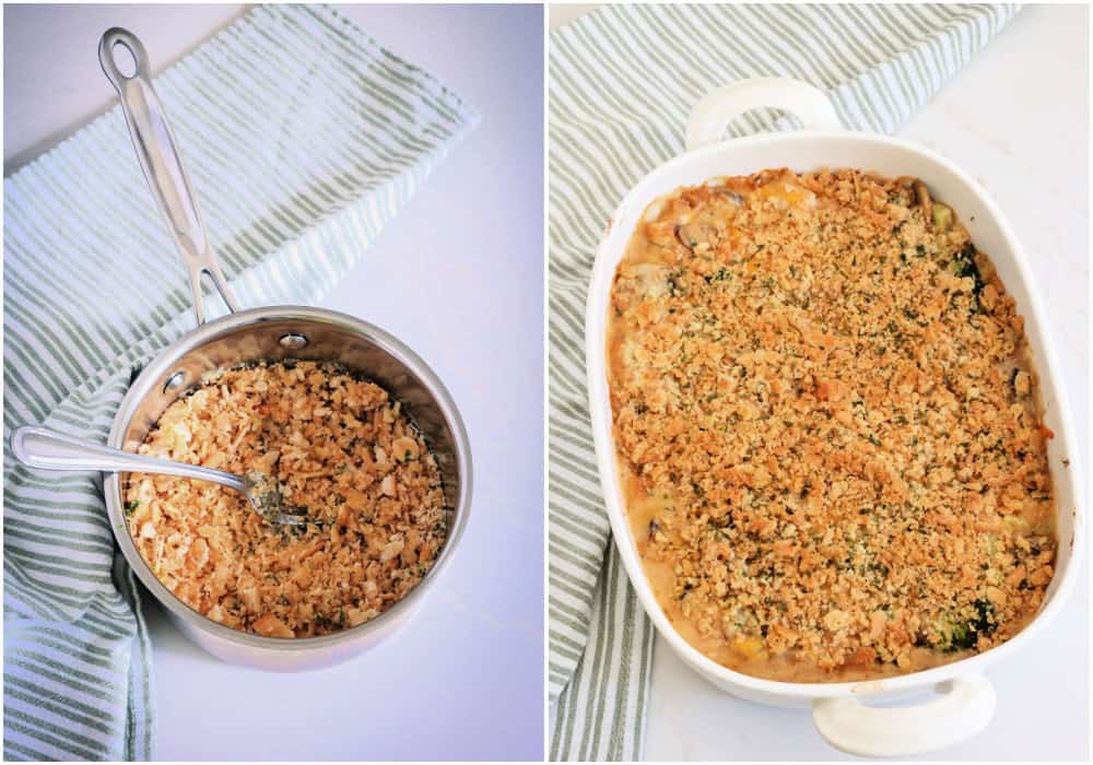 Melt the butter and stir in the crushed Ritz and chopped parsley. Bake until the crumb topping is golden brown and the casserole is heated through. 