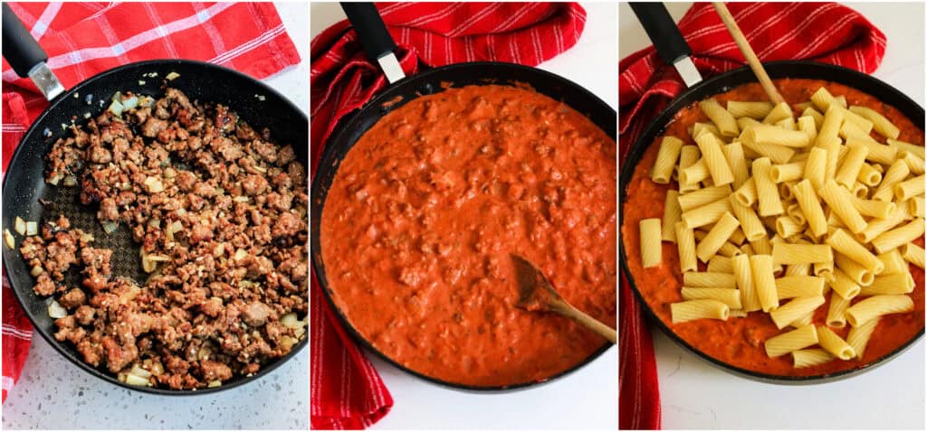 The steps to making sausage rigatoni. Cook until the sausage browns and the onion softens.

Reduce the heat to low, add the garlic and Italian seasoning, and cook for a minute. Add the crushed tomatoes and red pepper flakes and simmer for about ten minutes. Stir in the cream and the cooked pasta.
