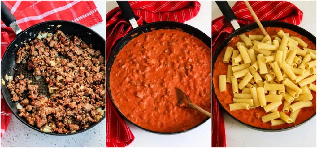 The steps to making sausage rigatoni. Cook until the sausage browns and the onion softens.

Reduce the heat to low, add the garlic and Italian seasoning, and cook for a minute. Add the crushed tomatoes and red pepper flakes and simmer for about ten minutes. Stir in the cream and the cooked pasta.