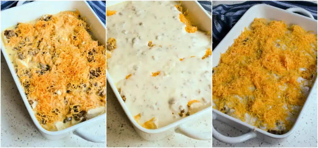Top the biscuits with the browned sausage and sprinkle with half the shredded cheese. In a separate bowl, whisk the eggs with the cream. Pour the egg mixture over the cheese. Top with the homemade gravy and the rest of the shredded cheese. Bake uncovered.