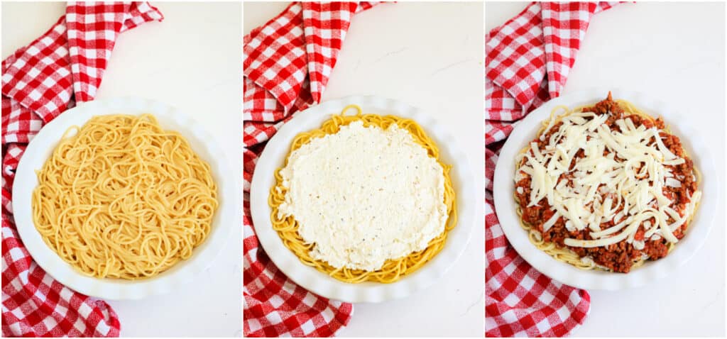 To assemble, press the spaghetti mixture into a greased, deep-dish pie plate. Spoon the ricotta mixture on top of the spaghetti and spread it with an offset spatula. Spoon the sauce over the ricotta mixture and top with the remaining shredded mozzarella.