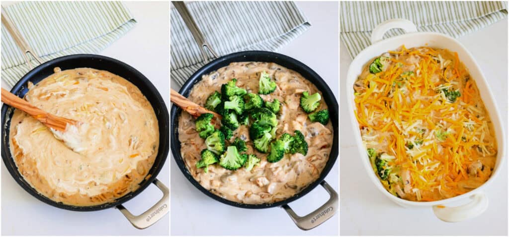 Over low heat, whisk in half of the shredded cheddar and Monterey Jack cheese. Temper the sour cream by stirring in several tablespoons of the hot sauce. Stir in the sour cream and season with salt and black pepper. Meanwhile, steam the broccoli in the microwave. Stir the cooked chicken and broccoli into the skillet to coat. Pour it into a casserole dish and top with the remaining cheese. 