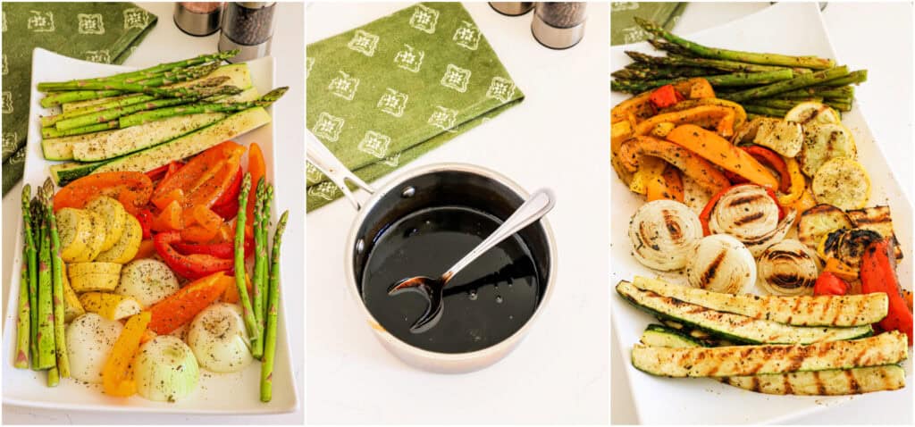 There are three steps to grilled vegetables. Preparing the vegetables. Making the balsamic reduction sauce and grilling the vegetables. 