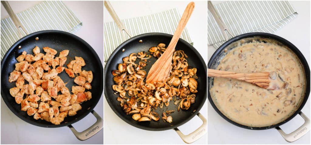 Brown the chicken in a little fat in a skillet on the stovetop. Transfer to a plate. Melt butter in a skillet and cook the mushrooms and shallots. Sprinkle the flour over the top and continue cooking for a couple of minutes. Add the nutmeg and slowly stir in the milk and chicken broth. Cook over medium heat until the mixture is thickened.