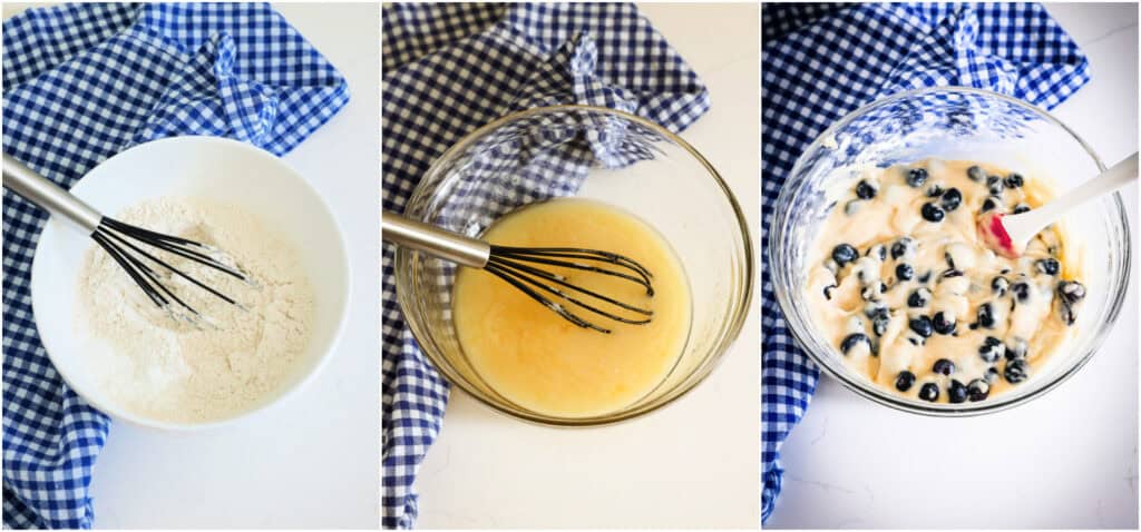 In a medium bowl, whisk together the flour, baking powder, and salt. Then, in a larger bowl, whisk together the sugar, milk, vegetable oil, egg, and vanilla extract. Add the dry ingredients to the wet ingredients and stir just until combined. Fold in the fresh blueberries