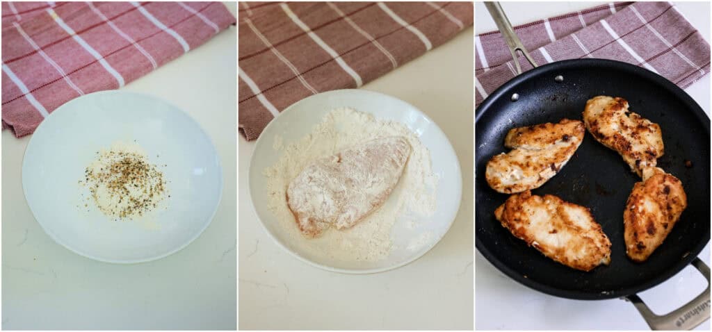 Combine the flour, salt, and black pepper in a wide bowl. Dredge the chicken breasts in the flour and brown them in a large skillet over medium heat. Transfer the browned chicken to a plate.