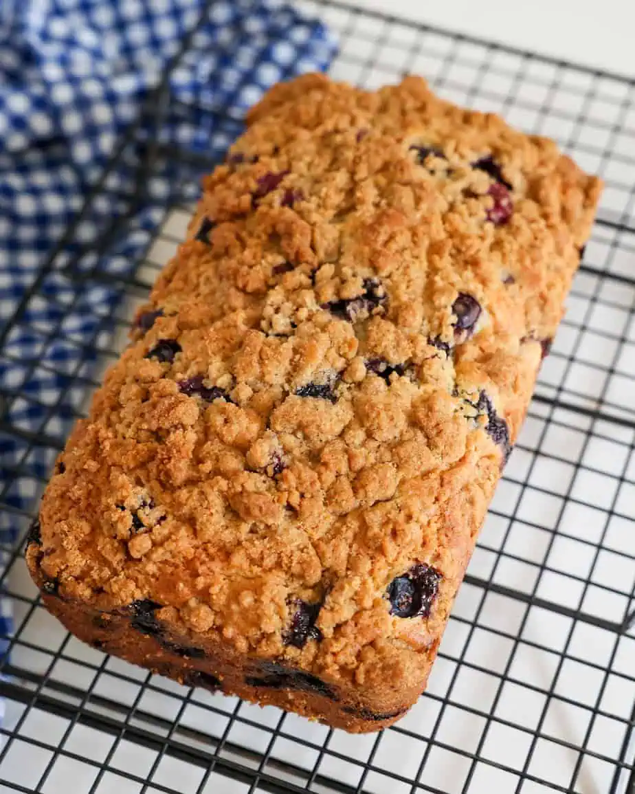 A loaf of blueberry bread cooling on a wire rack.