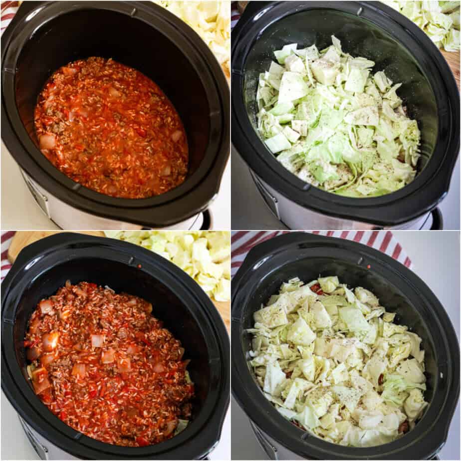 Add half of the beef mixture to the crock pot, followed by half of the chopped cabbage, the remaining mixture, and the remaining cabbage. Cover and cook on low until the rice is tender. Sprinkle with both cheeses and cover for 10 minutes or until the cheese is melted.