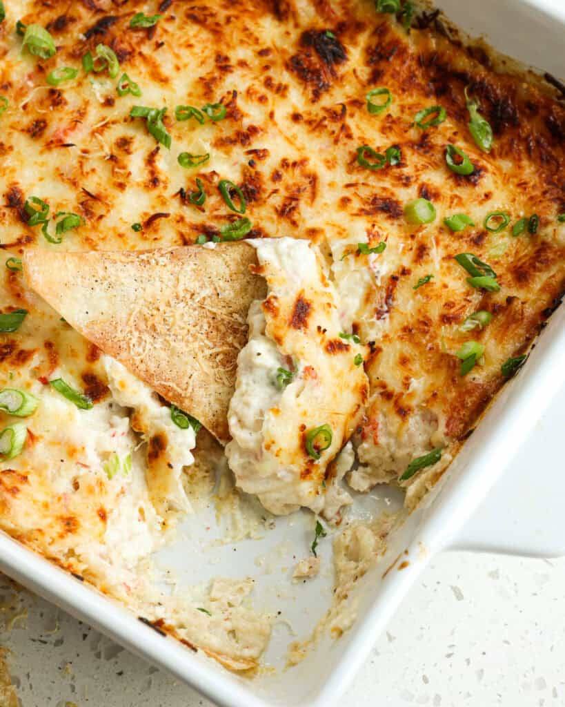 Hot crab rangoon dip with a wonton chip in it. 