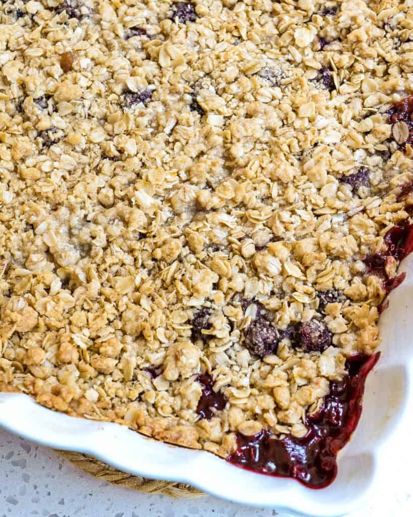 Straight out of the oven blackberry crisp with bubbly edges.