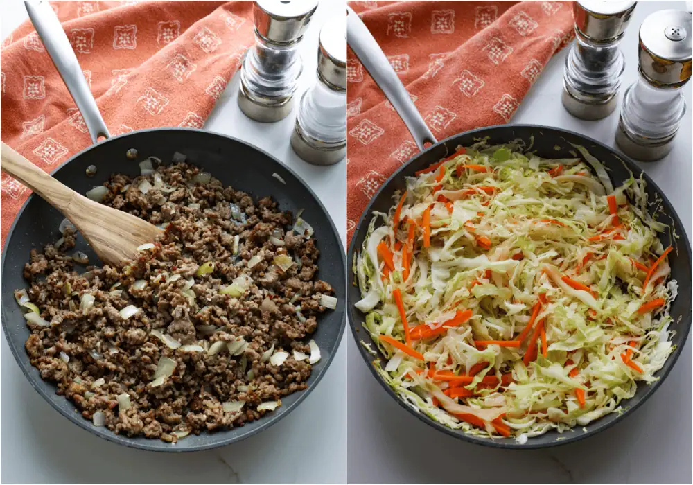 Some of the steps to making egg oll in a bowl. Cook the pork sausage until about halfway browned. Add the onion and cook until the sausage is browned and the onion is soft.
Reduce the heat to low and add the garlic and ginger. Cook for 1 minute, then transfer the mixture to a plate. Add the cabbage and cook until slightly wilted. Stir in the rice wine vinegar and low-sodium soy sauce.