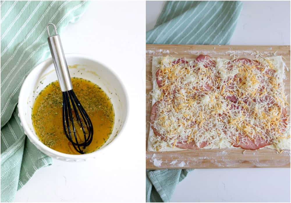 Meanwhile, combine the melted butter, honey, Dijon mustard, Worcestershire sauce, and dried dill. Lightly brush the butter sauce over the portion of the puff pastry facing up. Place single slices of ham over the butter mixture and sprinkle with both kinds of cheese.