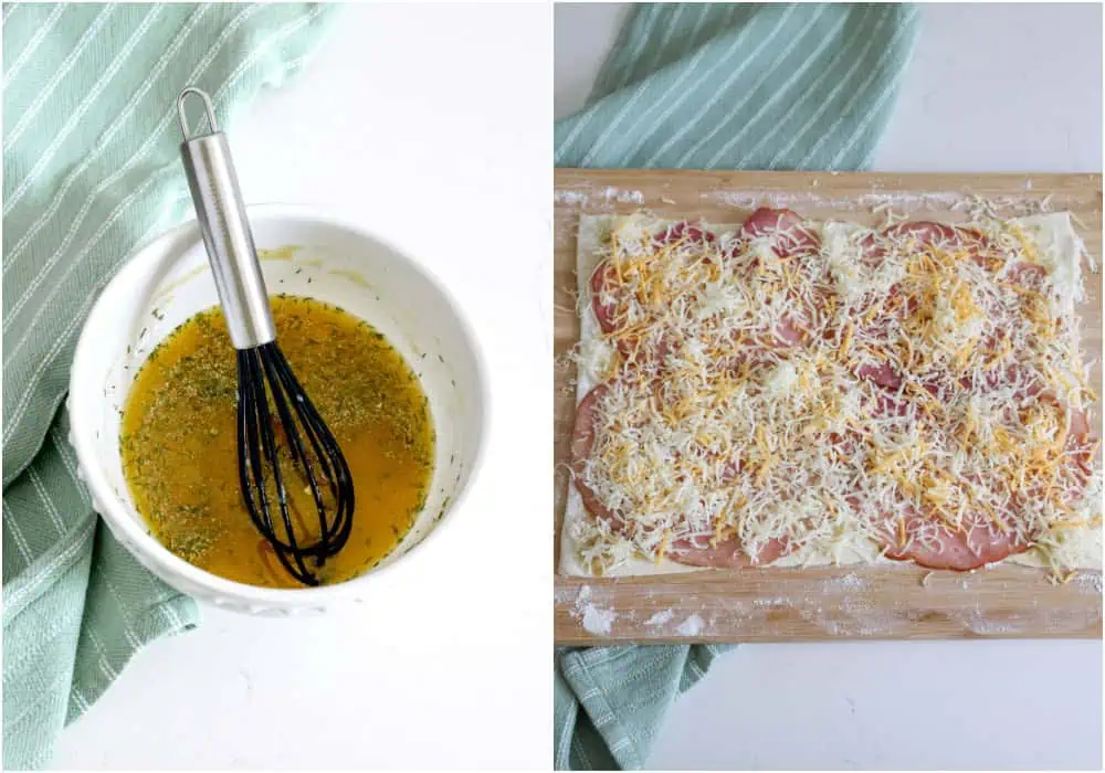 Meanwhile, combine the melted butter, honey, Dijon mustard, Worcestershire sauce, and dried dill. Lightly brush the butter sauce over the portion of the puff pastry facing up. Place single slices of ham over the butter mixture and sprinkle with both kinds of cheese.