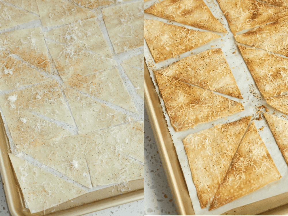 Cut the wonton wraps in half diagonally. Place them on a baking sheet in a single layer. Brush the tops with butter and season them. Bake for about 6-7 minutes, rotating the baking sheet halfway through the baking time.