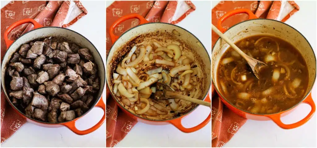First, brown the pork in a little oil in a Dutch oven over medium-high heat. Remove the pork to a plate. Heat a little more oil and cook the onions over medium-low heat until they are soft. Reduce the heat to low and add the garlic, cooking for a minute while stirring. Stir in the chicken broth, scraping the bottom of the pan to remove the brown bits. 