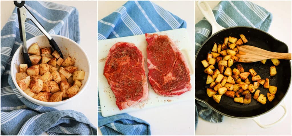 Toss the potatoes with olive oil and seasning. Season the steaks and brown the potatoes in a skillet.