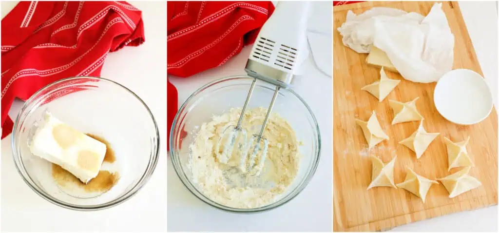 Mixed cream cheese, sugar, garlic powder, onion powder, and Worcestershire sauce in a glass bowl. A wooden cutting board with sealed creamed cheese wontons and a small bowl of water. 
