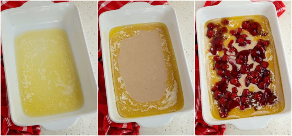 Pour the flour mixture over the melted butter in the baking pan, but do not mix them together. Now spoon the cherry pie filling over the flour mixture. Do not mix them together.