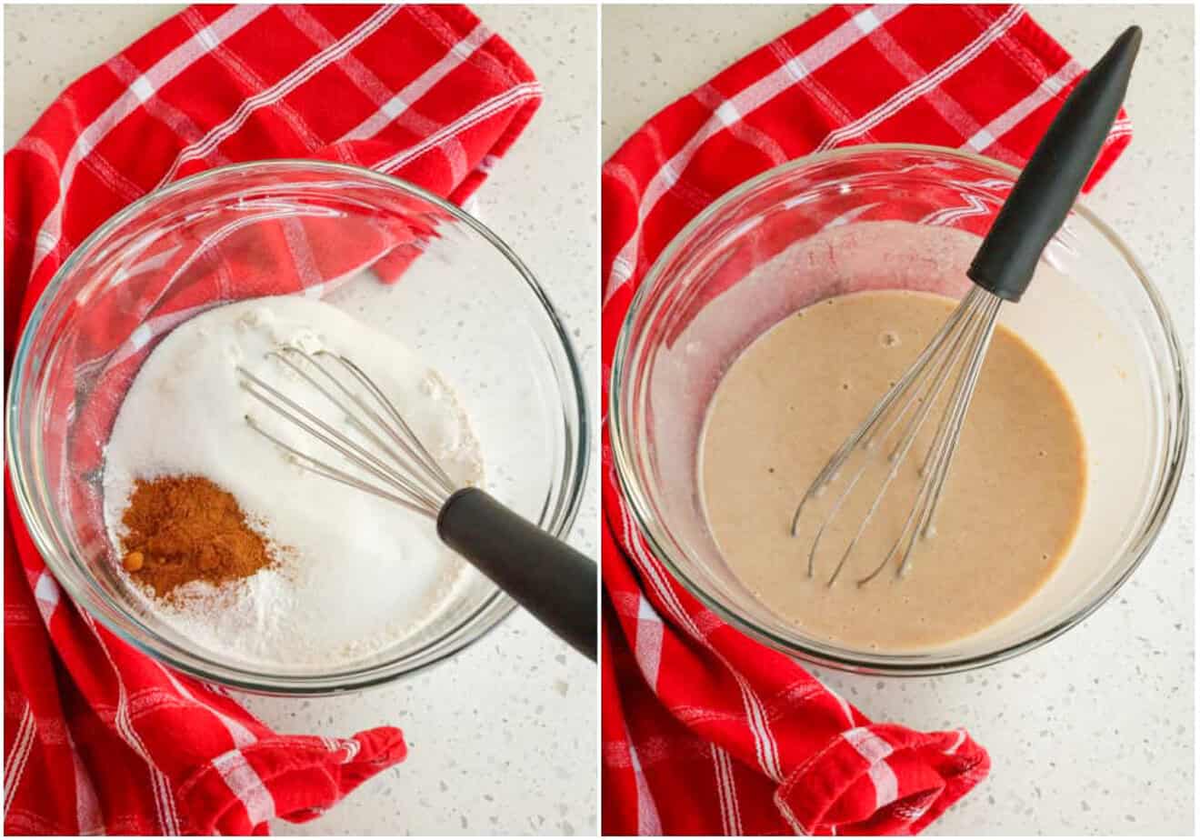 Meanwhile, whisk together the flour, sugar, baking powder, salt, and ground cinnamon. In a measuring cup, combine the milk and vanilla extract. Add the milk mixture to the flour mixture and stir to combine.