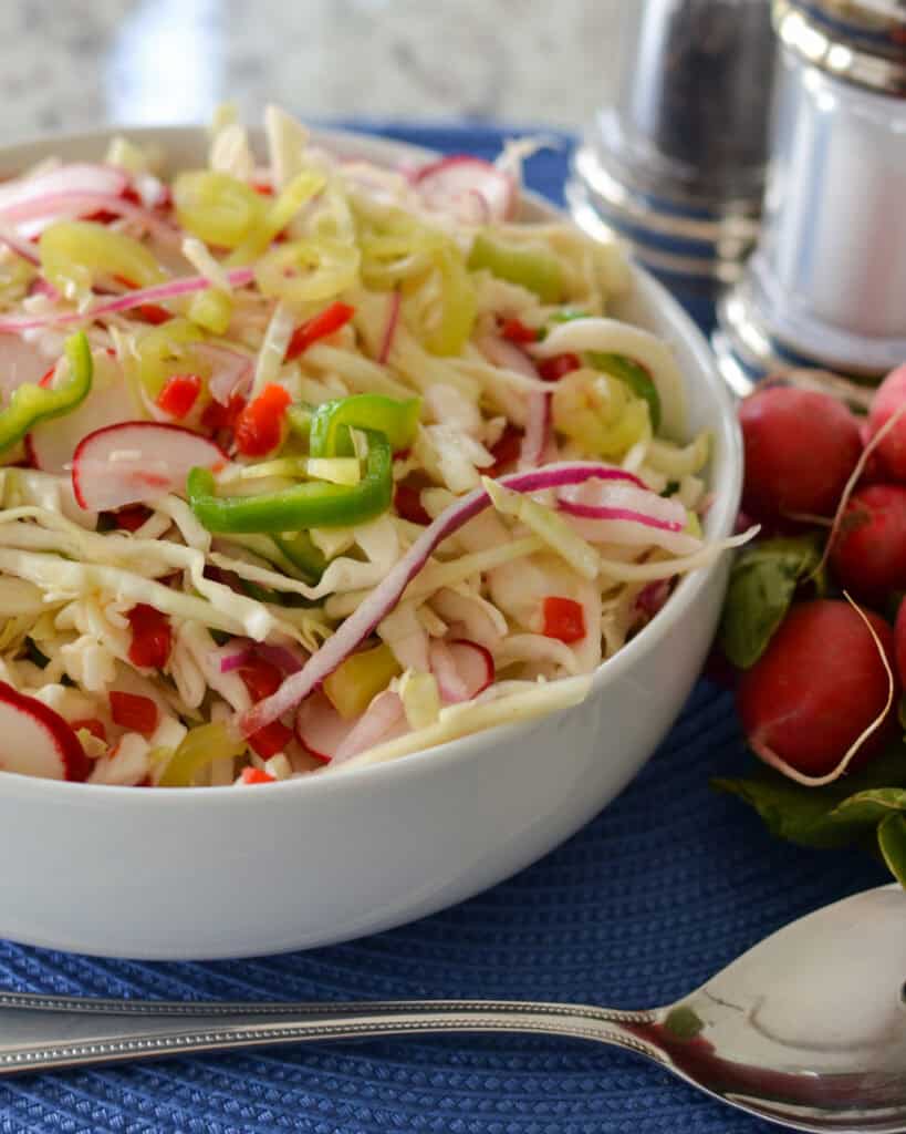 Vinegar coleslaw in a large bowl with a serving spoon in front.