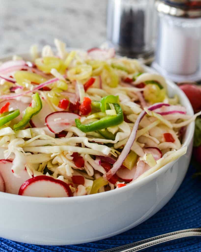 A close up of vinegar coleslaw on the right side of the bowl with salt and pepper shakers behind it.
