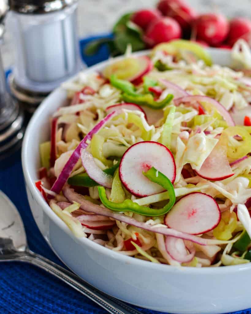 Vinegar Coleslaw close up in a white bowl with a serving spoon to the left.