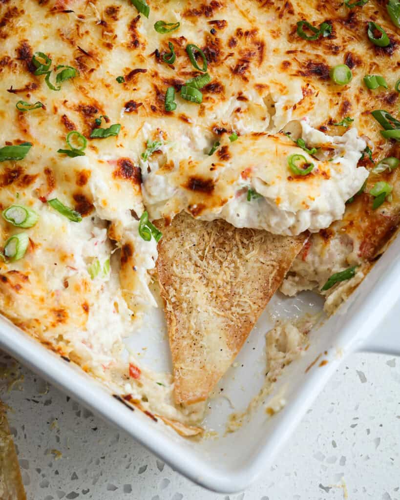 A wonton chip in crab rangoon dip. 