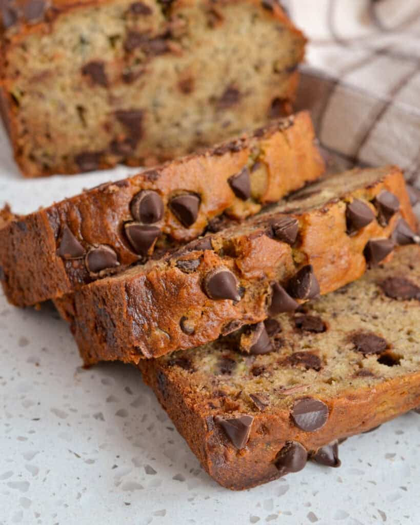 Sliced chocolate chip banana bread.
