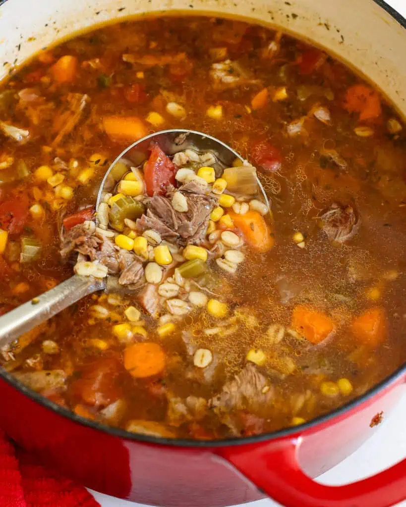A big pot full of beef barley soup with a a ladle in it. 