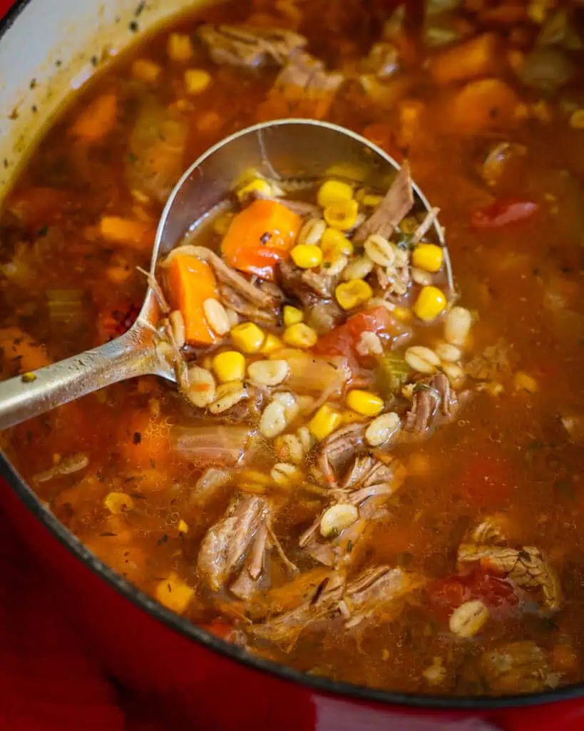 A pot and a ladle full of beef barley soup. 