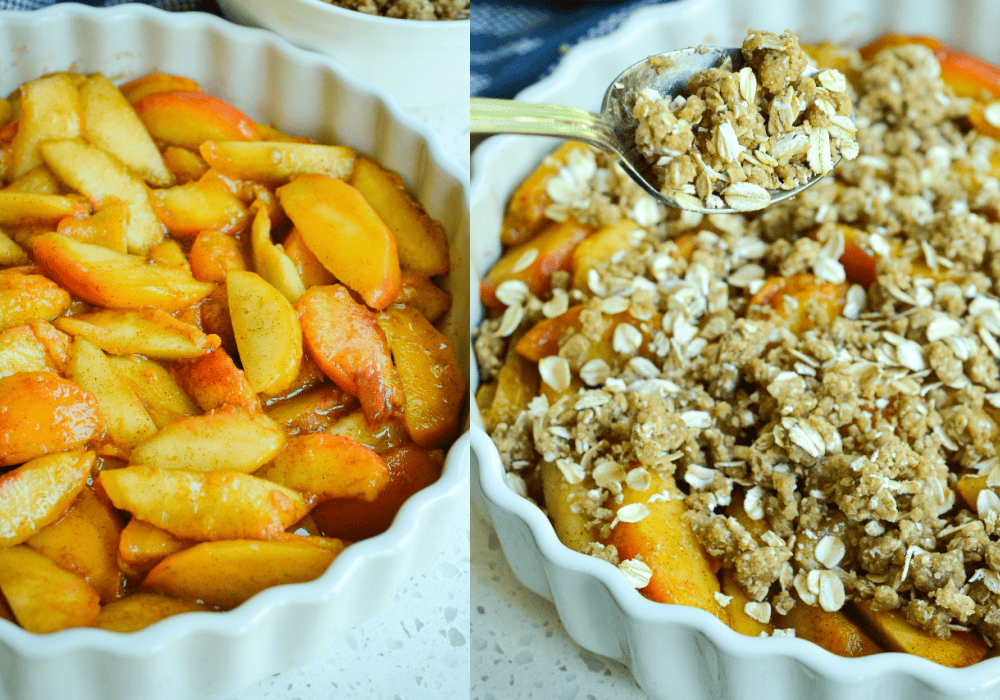 Stir together the peaches, pineapple juice, brown sugar, cornstarch, vanilla extract, and cinnamon. Spoon the mixture into a baking dish. Whisk the flour, brown sugar, and cinnamon. Use a pastry cutter and cut the butter into the mixture. Stir in the oats. Sprinkle over the peach mixture and bake.