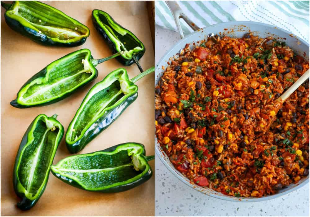 First, roast the peppers. While roasting, brown the ground beef and cook the onion over medium heat. Then, reduce the heat and add the garlic and spices, cooking for a minute. 