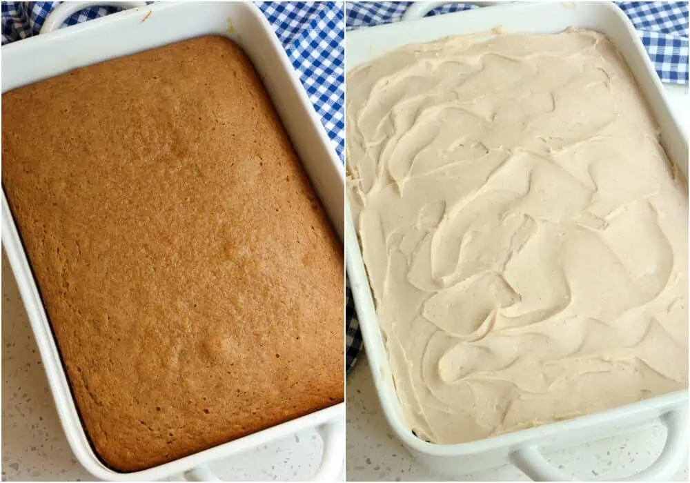 Some of the steps to making applesauce cake. Bake for about 30 minutes until a toothpick inserted in the center comes out clean or with a few moist crumbs. Move the pan to a wire rack to cool. Frost the thoroughly cooled cake. 