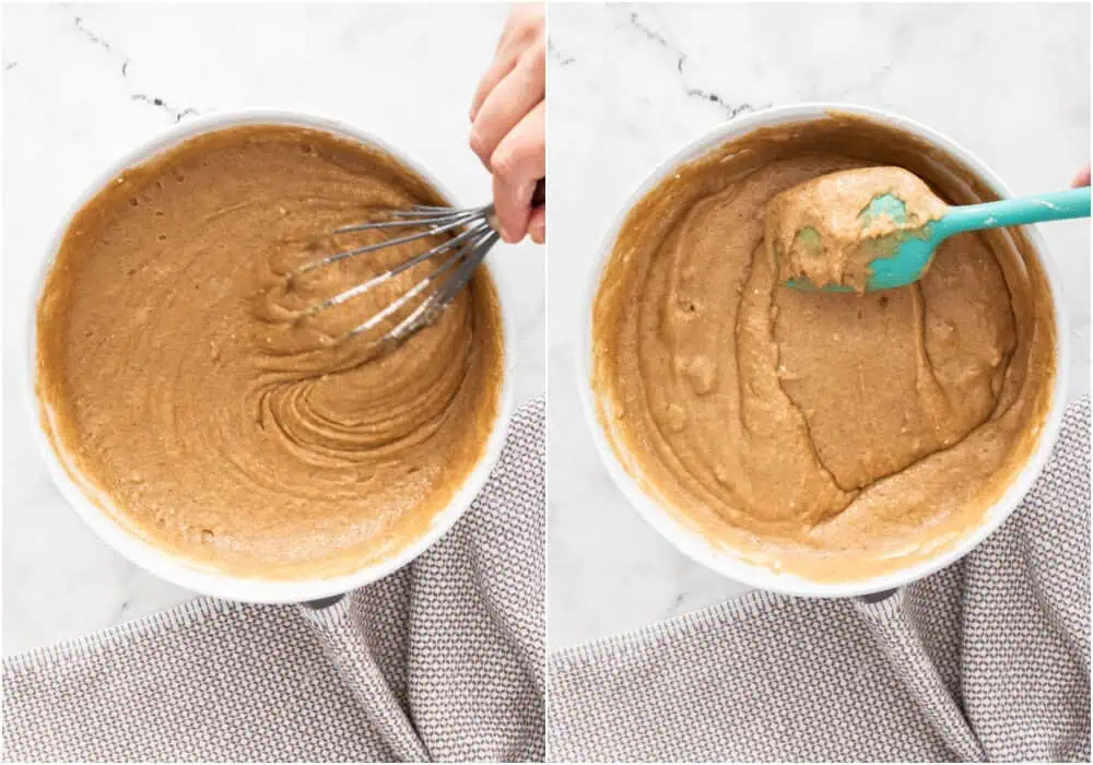 Some of the steps to making applesauce cake. Whisk the flour, baking powder, baking soda, salt, ground cinnamon, ginger, nutmeg, and cloves in a medium bowl. In a large mixing bowl, combine the applesauce, eggs, vegetable oil, sugar, brown sugar, and vanilla extract.