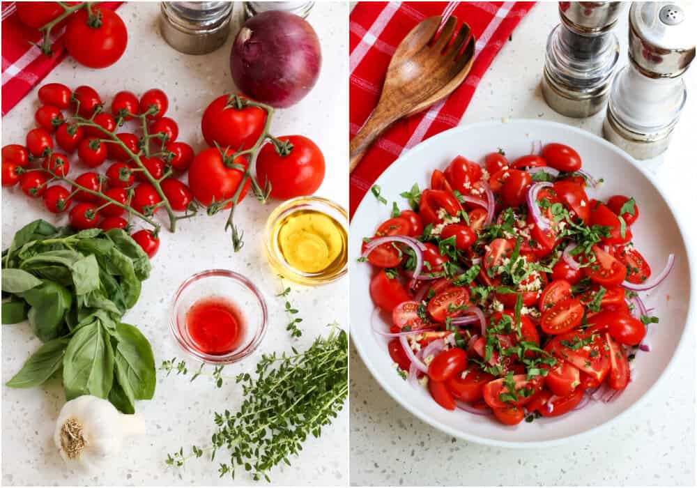 Some of the steps for making tomato salad. Start by slicing your tomatoes. I like to cut the large tomatoes into bite-sized wedges and the grape tomatoes in half lengthwise. Then, slice the red onion thinly. Combine the tomatoes, red onion, garlic, and fresh basil leaves in a large bowl.