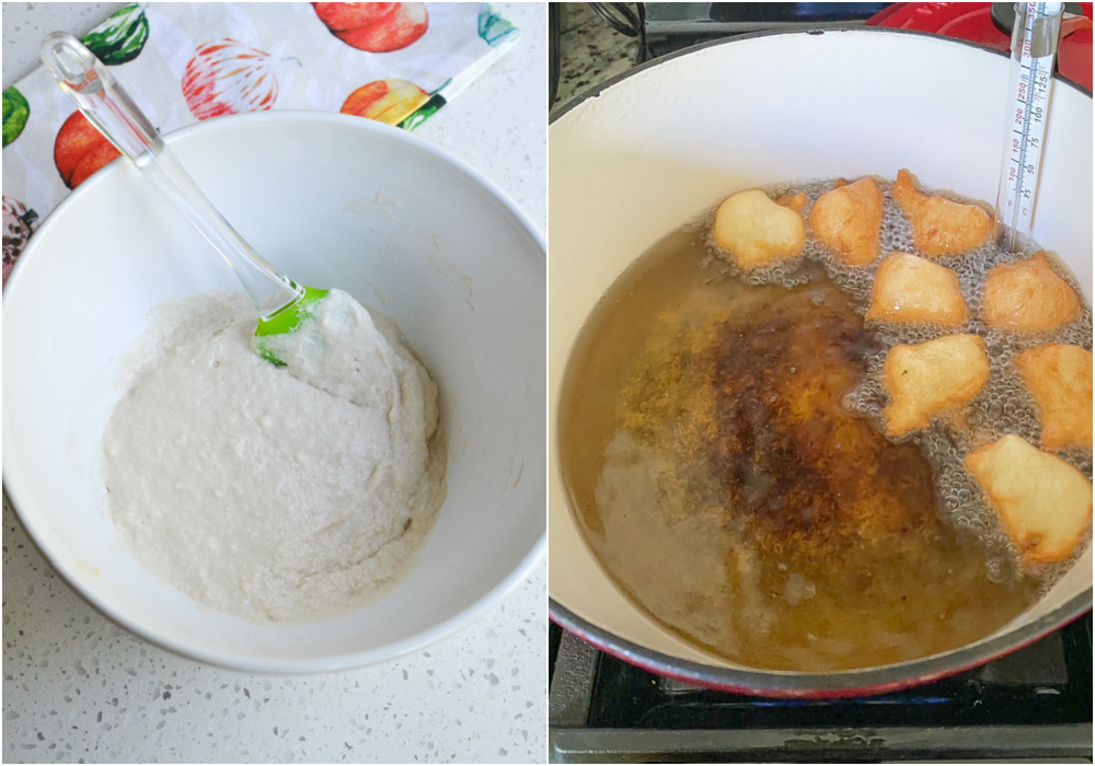 Some of the steps to making zeppole. In a large bowl, whisk together the flour and salt. Add the yeast mixture to the flour mixture. Add the oil and, using a spatula, work for several minutes to combine. Cover the bowl with plastic wrap and place it in a warm part of the kitchen. Let it rise until it is doubled in size.
Heat some oil in a deep fryer or Dutch oven over medium heat to 375 degrees. Carefully drop about six dough balls into the hot oil using two spoons (one to scoop and one to push into the oil) or a cookie scoop.