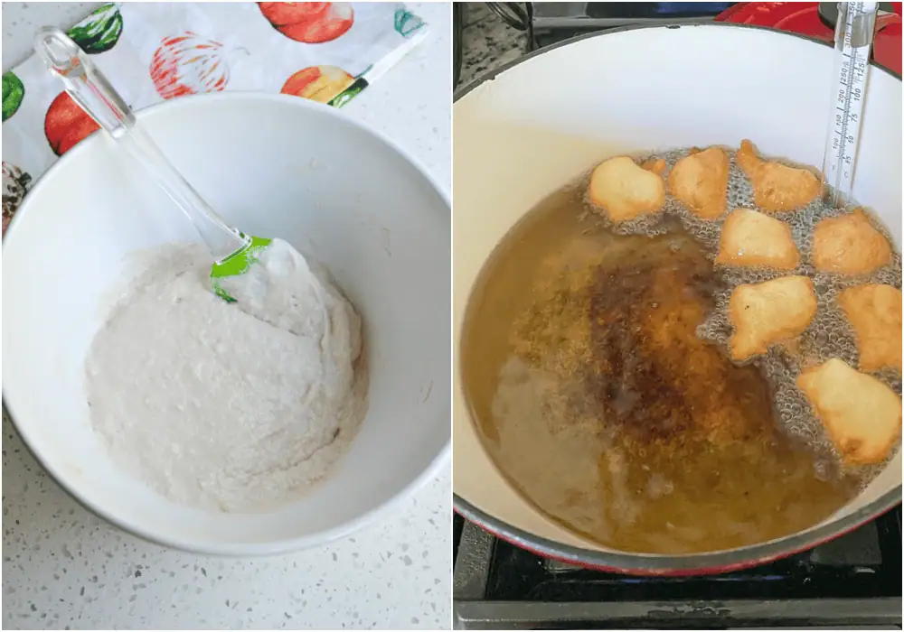 Some of the steps to making zeppole. In a large bowl, whisk together the flour and salt. Add the yeast mixture to the flour mixture. Add the oil and, using a spatula, work for several minutes to combine. Cover the bowl with plastic wrap and place it in a warm part of the kitchen. Let it rise until it is doubled in size.

Heat some oil in a deep fryer or Dutch oven over medium heat to 375 degrees. Carefully drop about six dough balls into the hot oil using two spoons (one to scoop and one to push into the oil) or a cookie scoop.