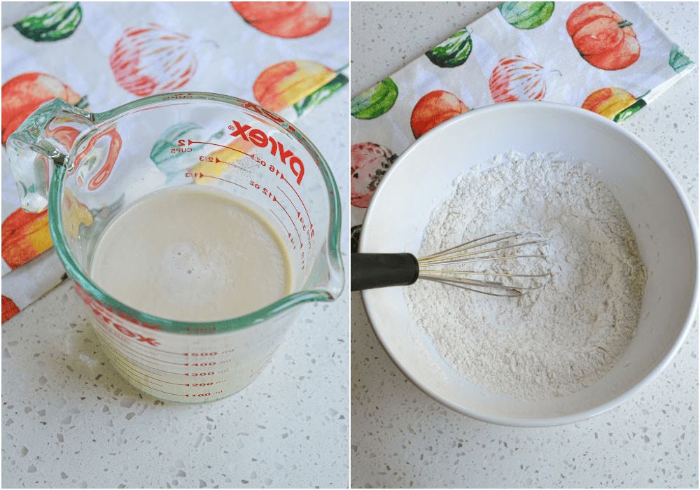 Some of the steps to making zeppole. Start by stirring the water and sugar together. Then sprinkle the yeast and let it sit on the top for about 30-60 seconds. Stir it all together and let it sit until it becomes foamy and frothy. In a large bowl, whisk together the flour and salt. Add the yeast mixture to the flour mixture.