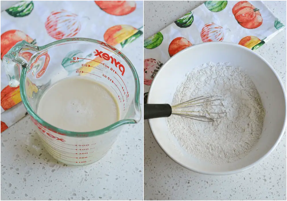 Some of the steps to making zeppole. Start by stirring the water and sugar together. Then sprinkle the yeast and let it sit on the top for about 30-60 seconds. Stir it all together and let it sit until it becomes foamy and frothy. In a large bowl, whisk together the flour and salt. Add the yeast mixture to the flour mixture.