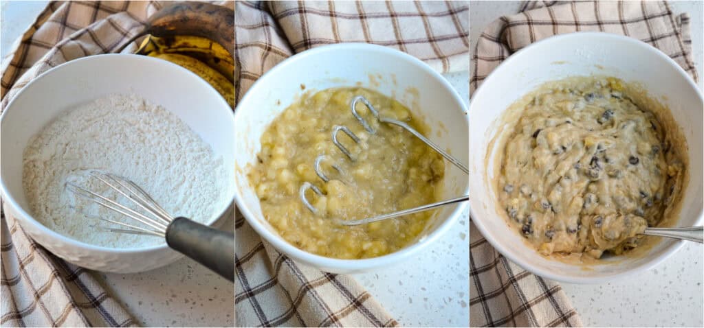 Whisk the flour, baking soda, and salt in a medium bowl. Mash the bananas. Stir the softened butter, sugar, and brown sugar in a large bowl. Add the vanilla and eggs one at a time, stirring until combined. Add the dry ingredients to the wet ingredients in a few increments, mixing until almost combined. Add the chocolate chips and bananas,