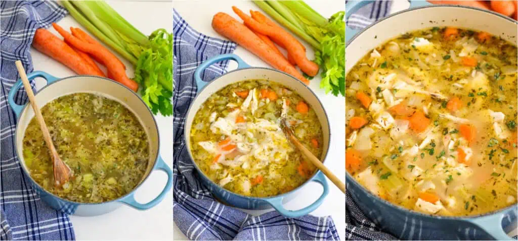 Cook the vegetables over medium heat on the stovetop. 
Reduce the heat to low, and cook the garlic, herbs, and spices for 1 minute.
Add the bay leaves and chicken broth. Bring it to a boil. 

Add the rice, reduce the heat to a simmer, cover, and cook for 20 minutes or until the rice is tender.
Stir in the chicken and season with salt and black pepper to taste
